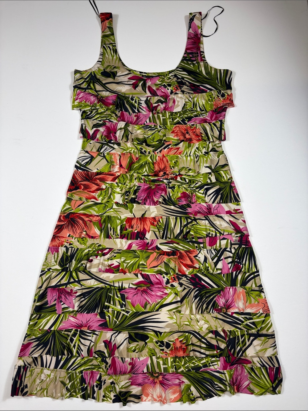 Tango Mango Small Tropical Floral Tiered Sundress Pink Green